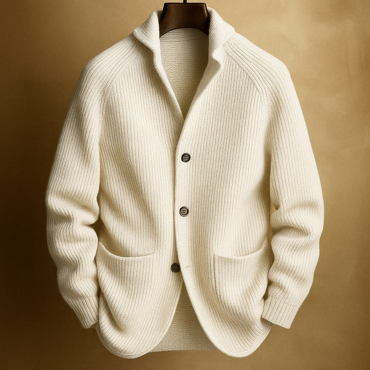 Warm men's button-front cardigan sweater in classic style, ideal for winter fashion & comfortable layering.