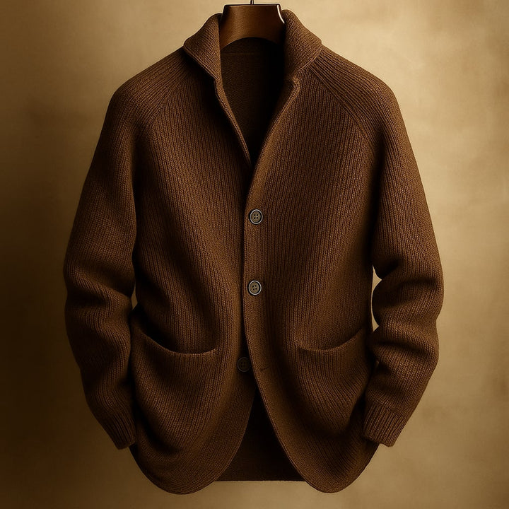 Timeless men's brown button-front sweater, a classic cardigan for versatile winter outfits & casual wear.