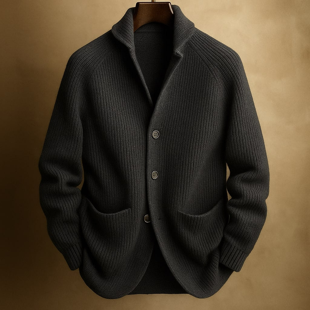 Stylish men's black button-front sweater, essential for winter fashion layering & a relaxed, classic look.
