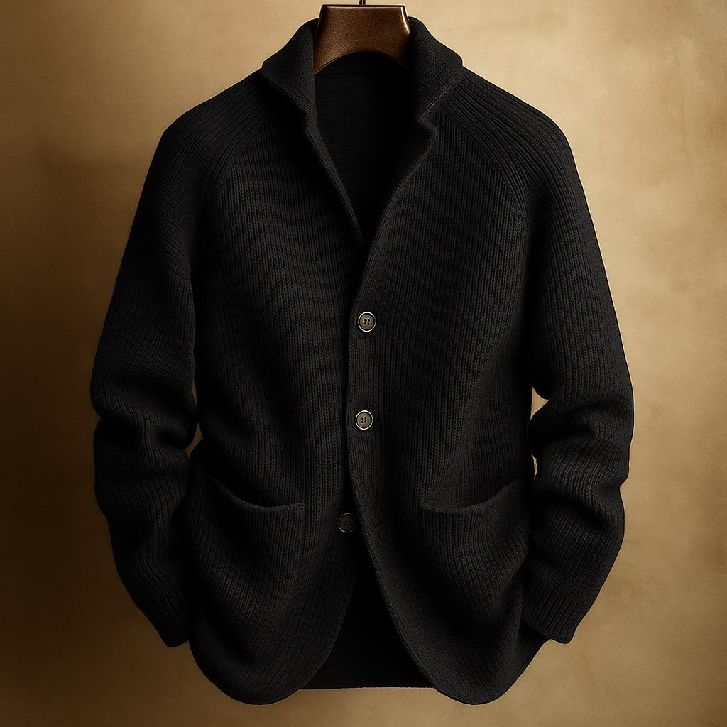 Comfortable men's pink button-front sweater, perfect for casual wear, relaxed fit & classic winter layering.