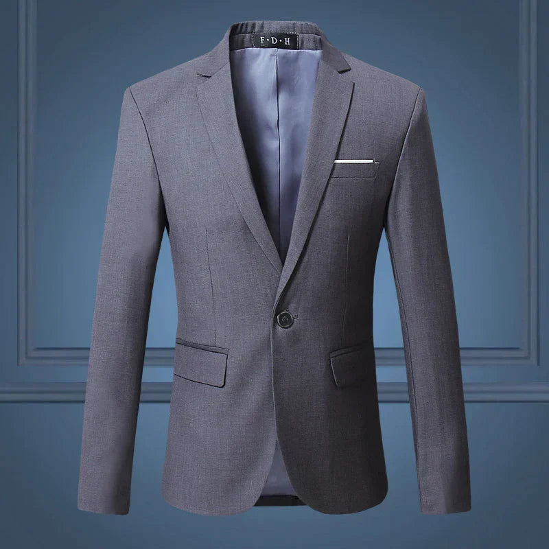 Men's classic one-button tailored suit blazer in black, perfect for formal and business wear