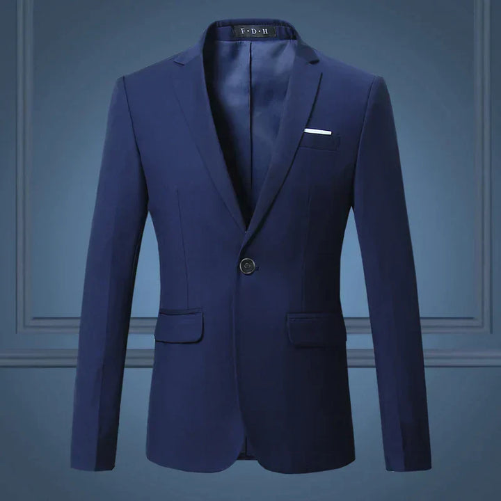 Close-up of a men's tailored suit blazer, showcasing fabric texture and single button detail