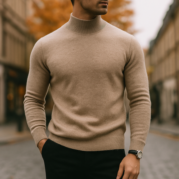 Classic men's turtleneck pullover sweater, minimalist design for versatile smart casual layering.
