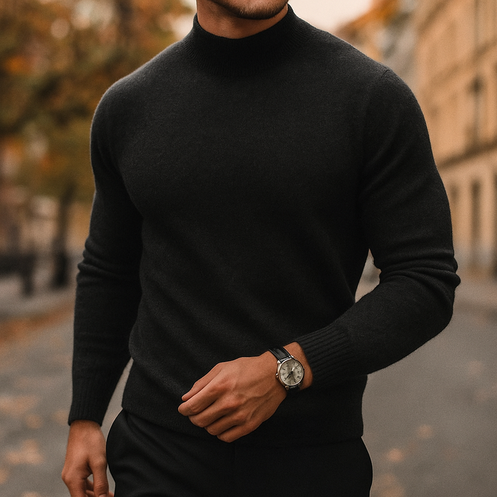 Men's long sleeve pullover sweater layered over a shirt, perfect for a smart casual, comfortable look.