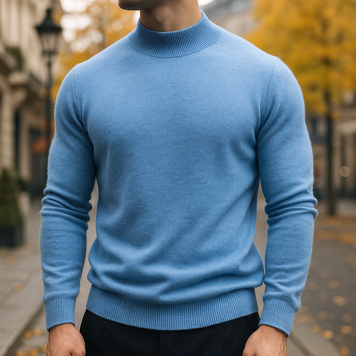 Close-up of the quality knit fabric on a men's classic pullover sweater, soft & comfortable.
