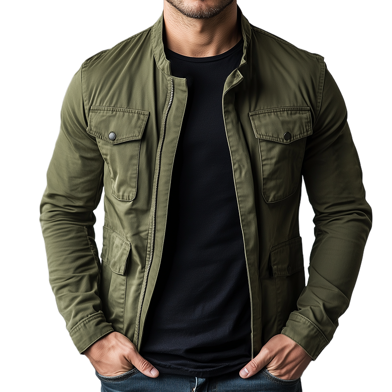 Men's classic stand collar zipper jacket with functional pockets, ideal mid-season casual outerwear.