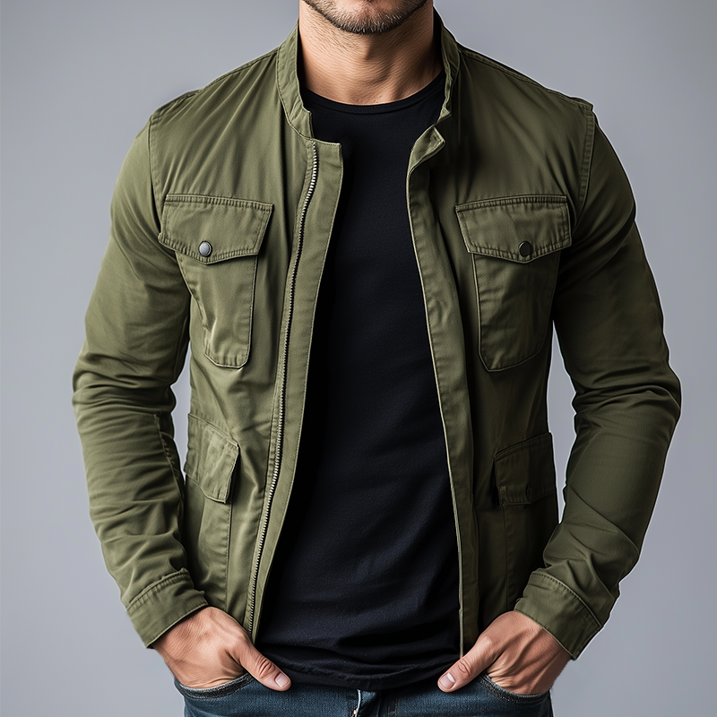 Versatile men's green stand collar zipper jacket, perfect for mid-season casual fashion and outdoor activities.