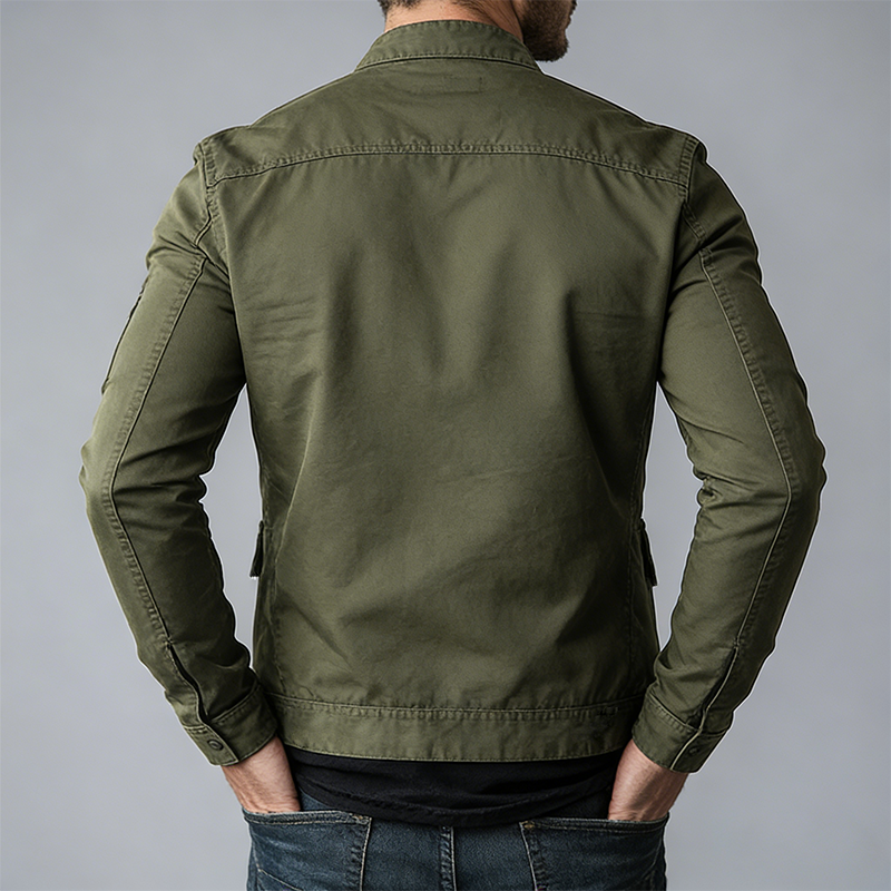 Comfortable men's mid-season jacket featuring a stand collar, full zipper, and practical pockets for daily wear.