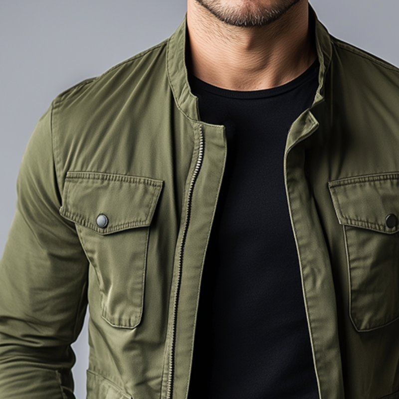 Classic men's casual stand collar zipper jacket, a versatile mid-season outerwear piece for timeless style.