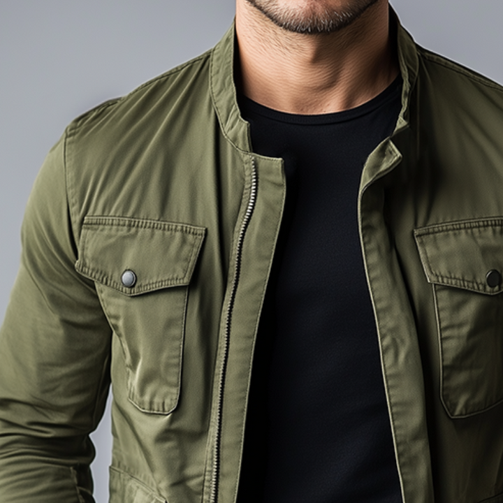 Classic men's casual stand collar zipper jacket, a versatile mid-season outerwear piece for timeless style.