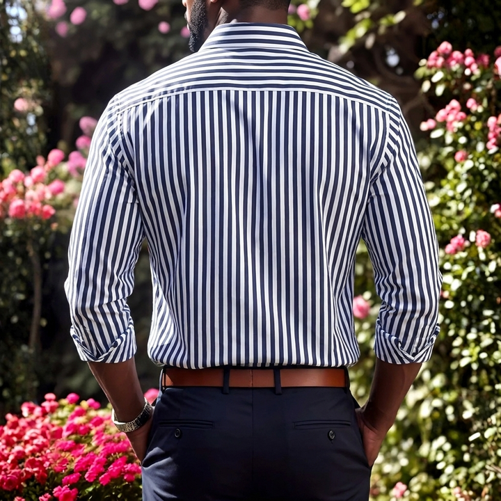 Stylish men's long-sleeve striped button-up shirt, comfortable fabric, ideal for formal or smart casual occasions.