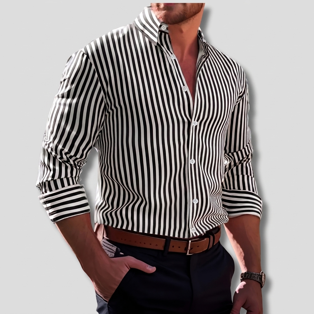 Versatile men's striped button-up shirt, classic design, suitable for office, formal, or smart casual wear.