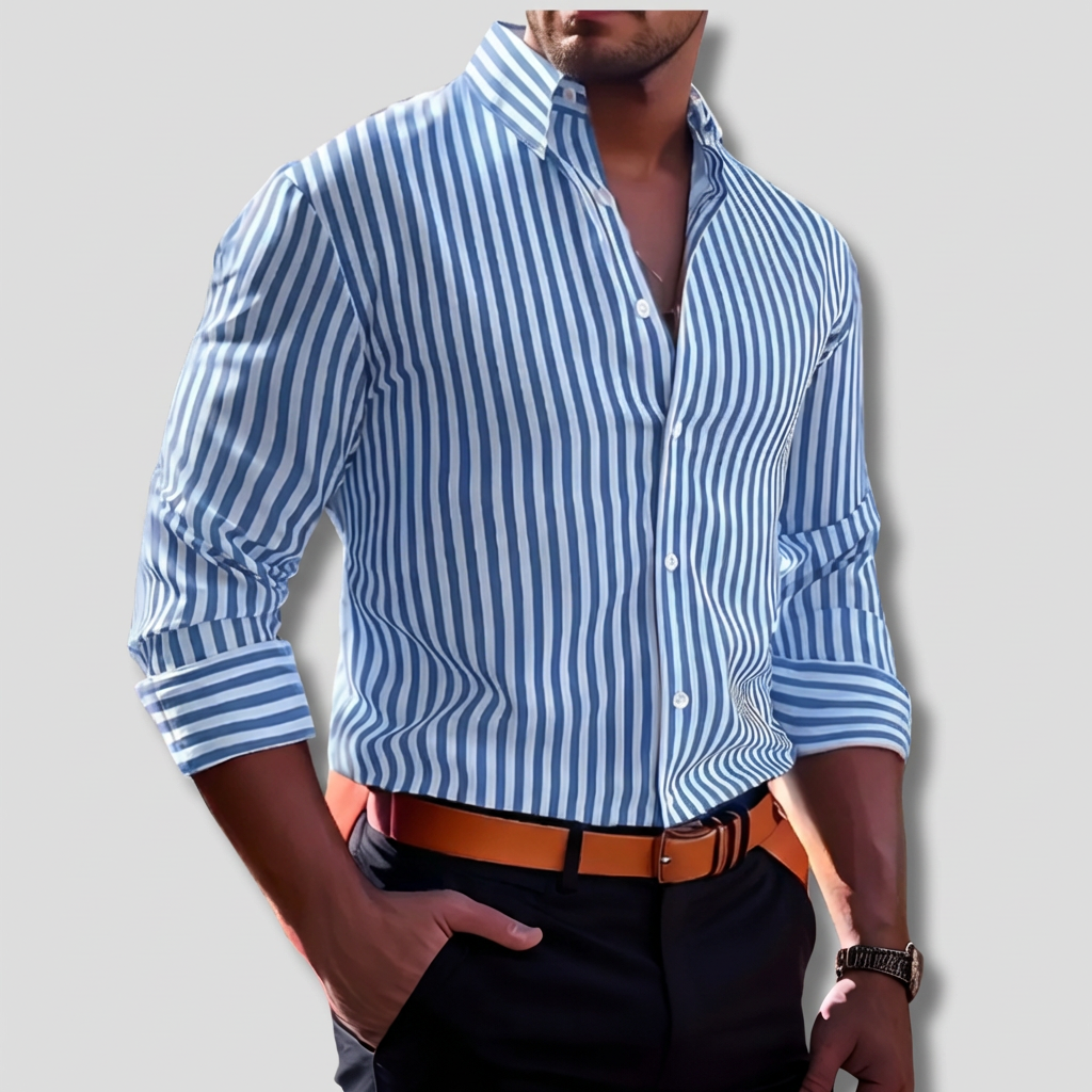 Classic men's striped button-up shirt, timeless long-sleeve design, a stylish and comfortable fashion choice.