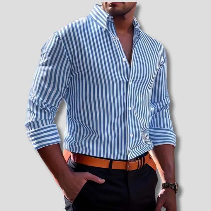 Classic men's striped button-up shirt, timeless long-sleeve design, a stylish and comfortable fashion choice.