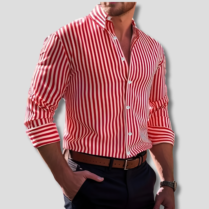 Comfortable men's striped button-up shirt, long sleeve, perfect for everyday wear, smart casual fashion.