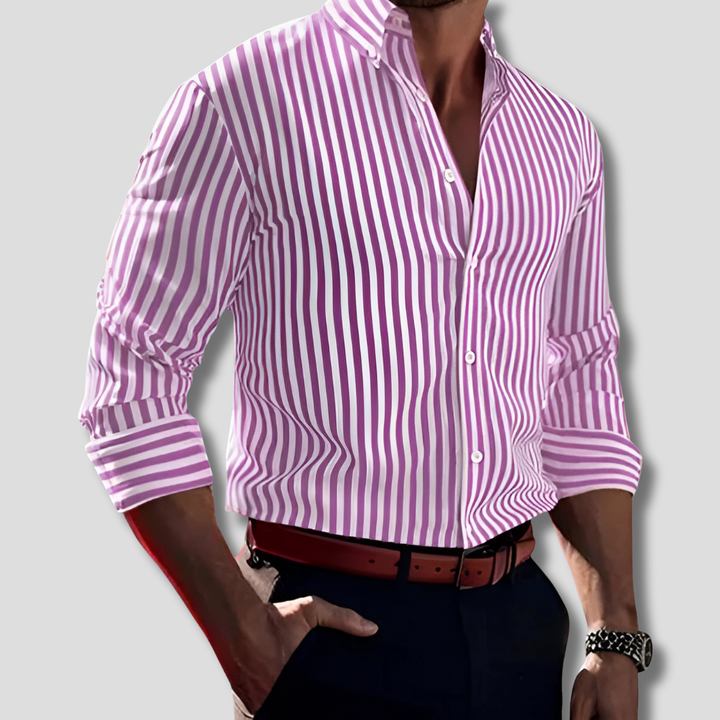Stylish men's long-sleeve button-up shirt with classic stripes, great for office wear and versatile fashion.