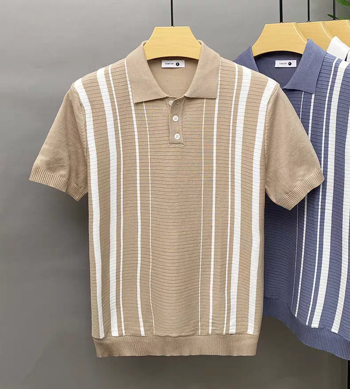Soft cotton men's polo shirt with classic stripes, offering vintage style and casual comfort.