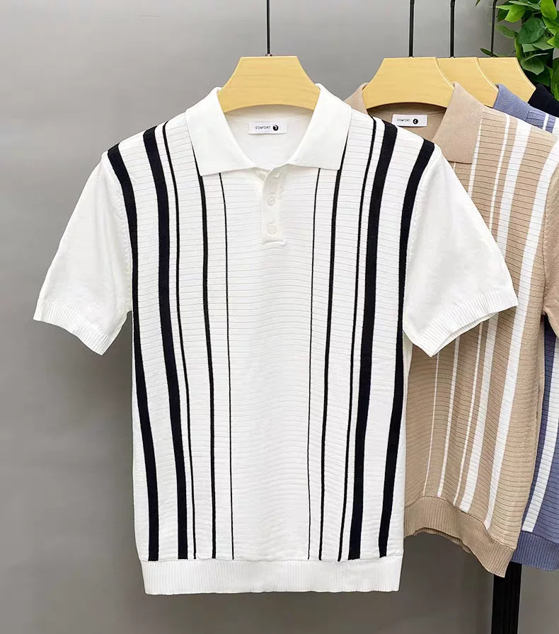Vintage style men's casual polo shirt, featuring classic stripes and soft, breathable cotton fabric.