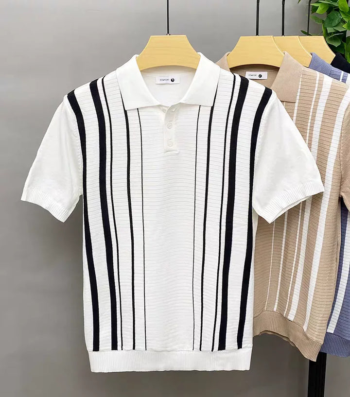 Vintage style men's casual polo shirt, featuring classic stripes and soft, breathable cotton fabric.