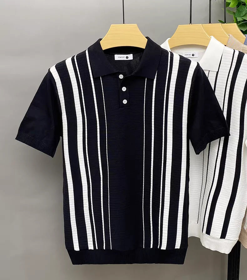 Comfortable men's striped cotton polo shirt, classic design for versatile casual and vintage looks.