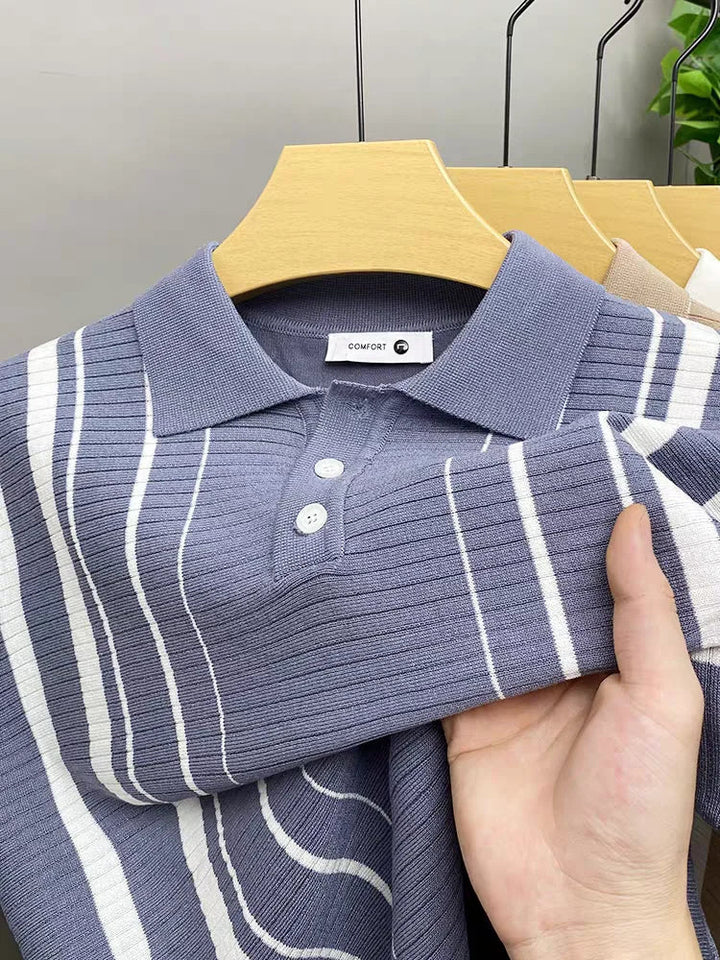 Men's striped cotton polo shirt, classic vintage style for soft, casual comfort. A timeless wardrobe essential.