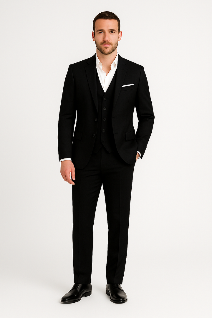 Close-up of a men's tailored suit jacket, highlighting the quality fabric and precise stitching