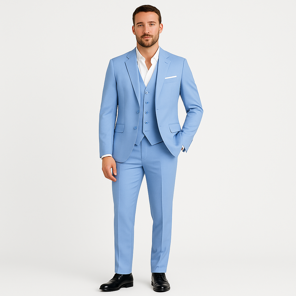 Full view of a men's elegant tailored suit, embodying timeless classic design and business attire