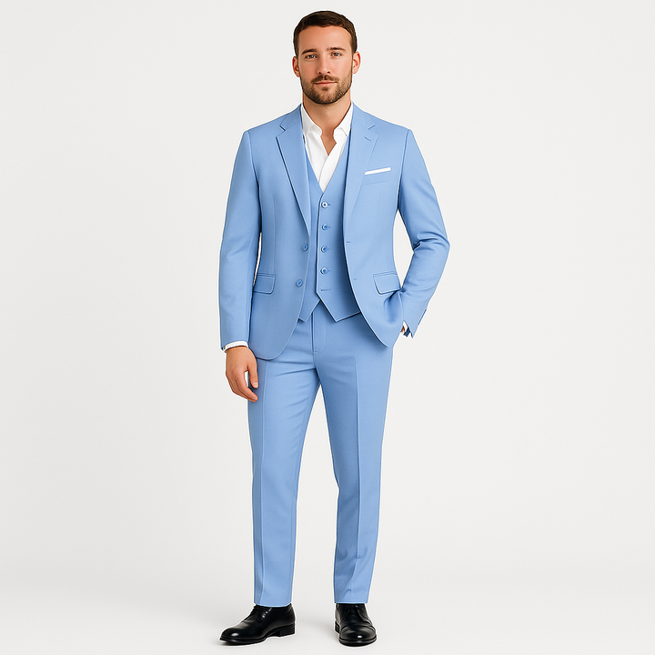 Full view of a men's elegant tailored suit, embodying timeless classic design and business attire