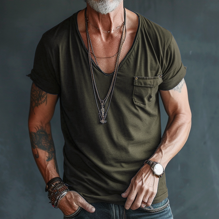 Relaxed fit men's V-neck tee with a subtle chest pocket, enhancing casual style for daily wear.