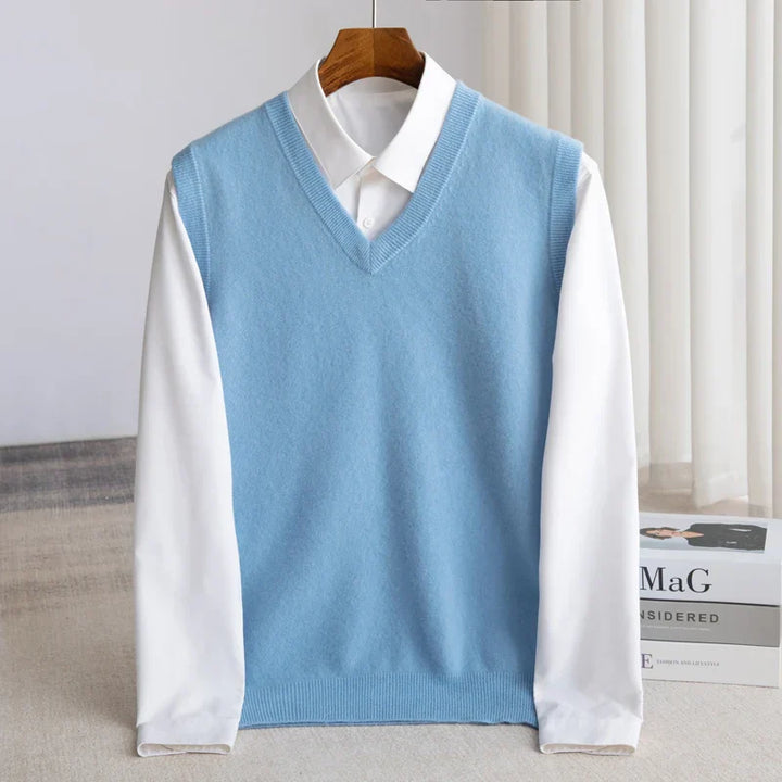 Men's classic V-neck sweater vest, ideal for smart layering & business casual attire.