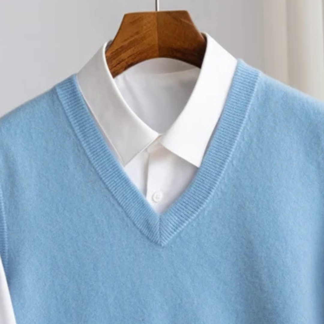 Soft, lightweight men's V-neck sweater vest for comfortable smart casual layering & classic style.