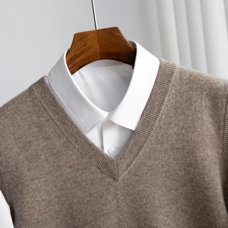 Stylish V-neck sweater vest for men, a timeless layering piece for modern smart casual fashion.