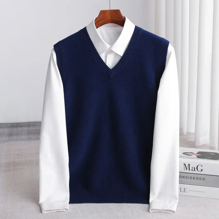 Men's classic V-neck knit sweater vest, soft & lightweight, ideal for smart casual & office layering.