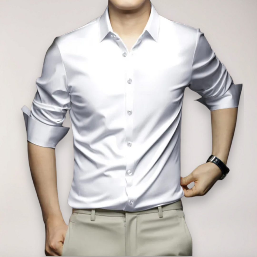 Men's classic white long sleeve button-up dress shirt, perfect for formal, business, or casual wear.