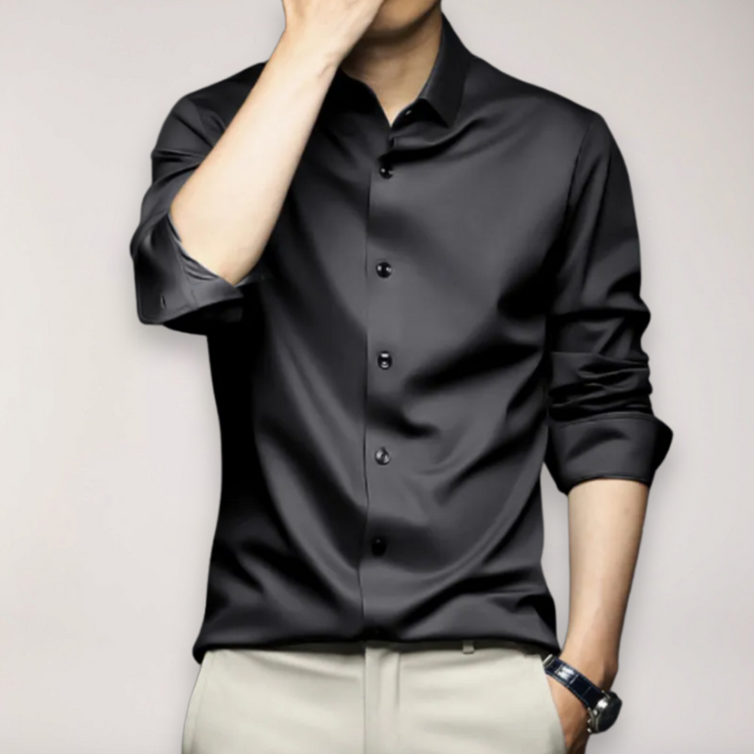 Sophisticated men's black long sleeve button-up dress shirt with a tailored fit for business attire.