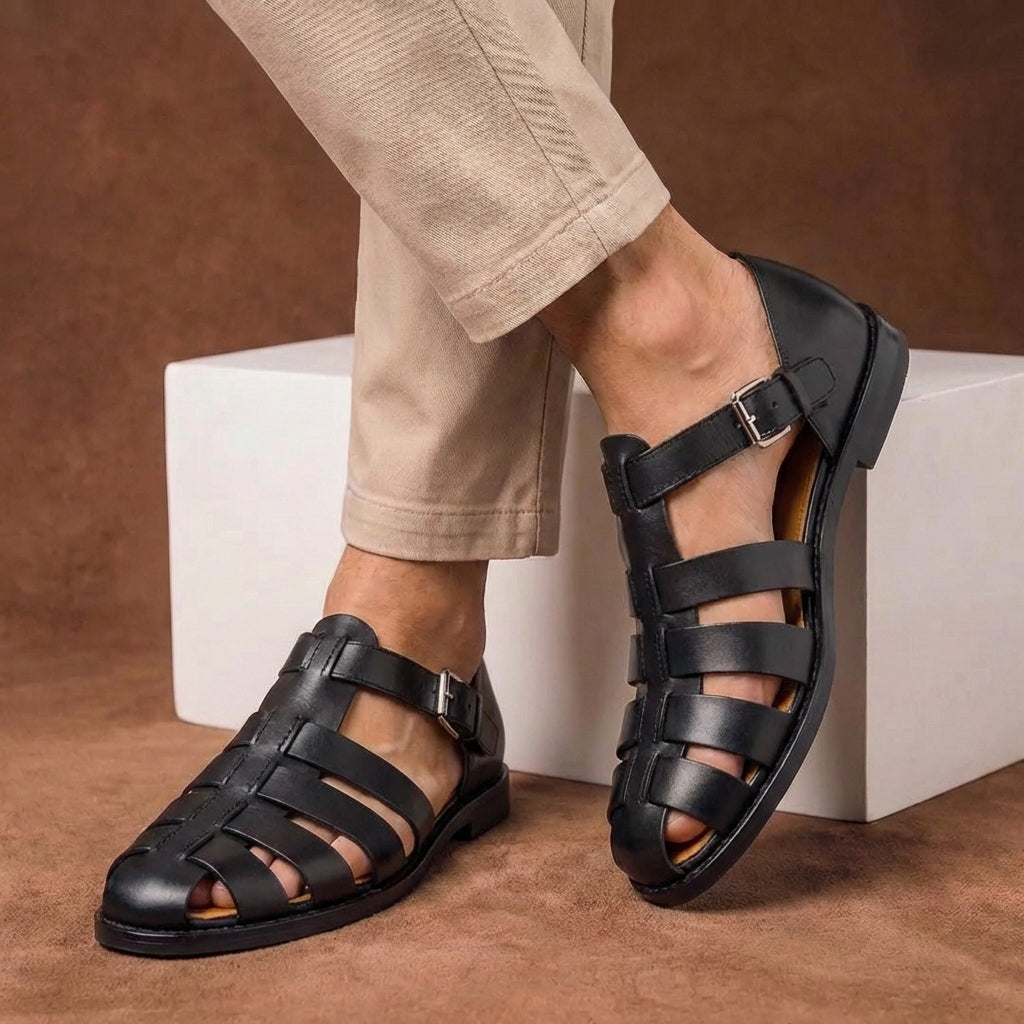 Durable men's fisherman sandals with a closed toe and adjustable buckle strap for secure outdoor comfort.