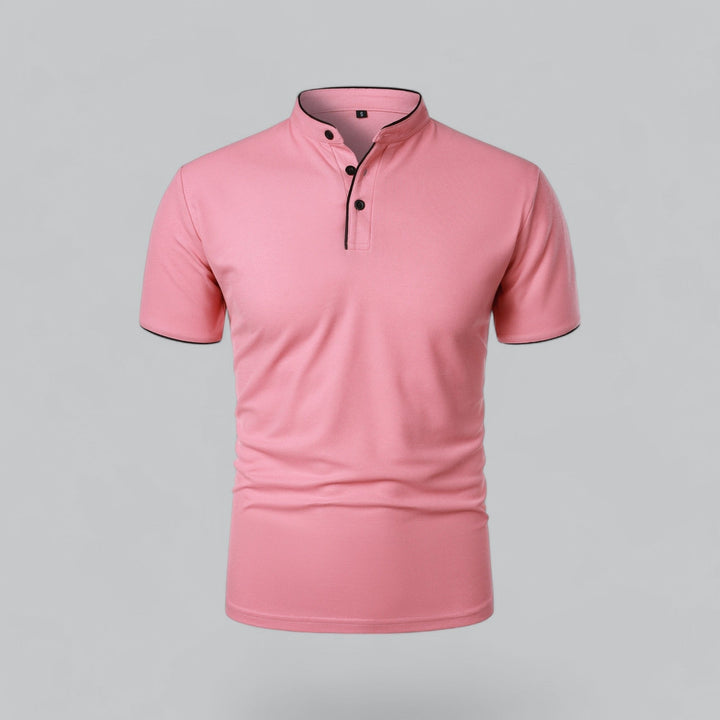 Relaxed fit men's collarless polo shirt, short sleeve, designed for all-day comfort and style.