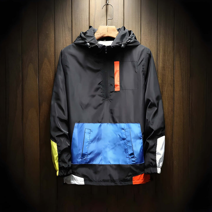 Stylish men's color block windbreaker with hood & half-zip. Ideal lightweight jacket for outdoor activities.