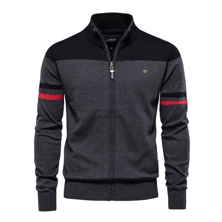 Men's colorblock zip-up cardigan with stand-up collar detail, versatile casual outerwear.