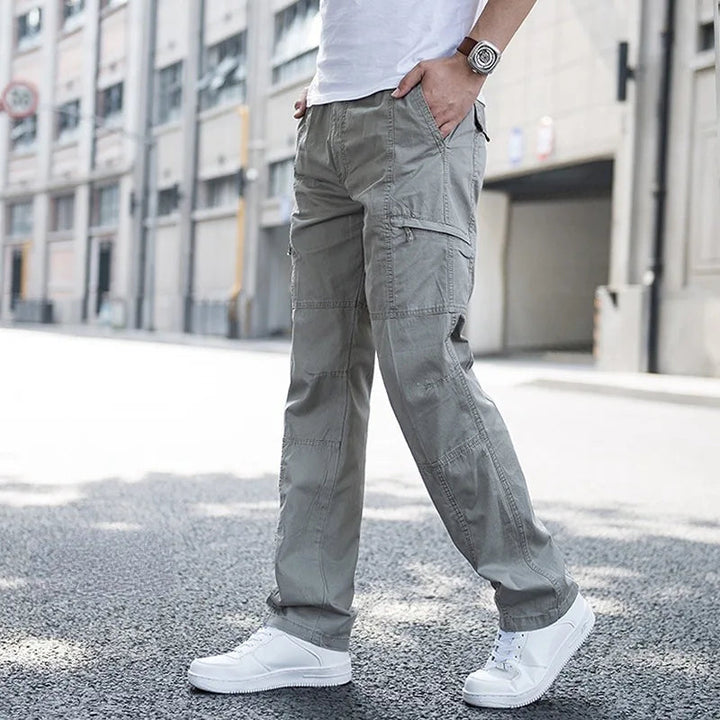 Slate men's comfortable stretch cargo pants, featuring multiple pockets for practical, everyday utility.