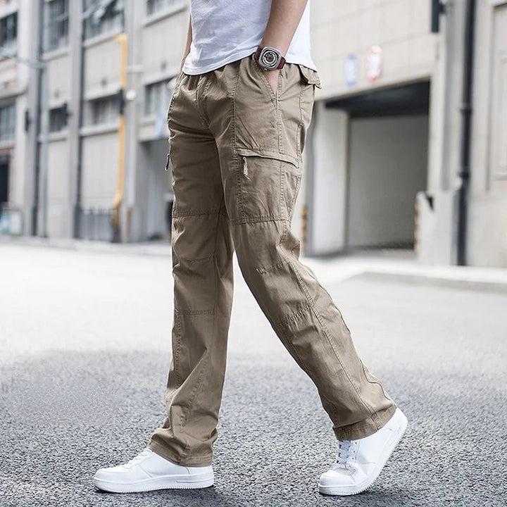 Comfortable men's everyday stretch cargo pants, perfect for casual wear, travel, and light outdoor activities.