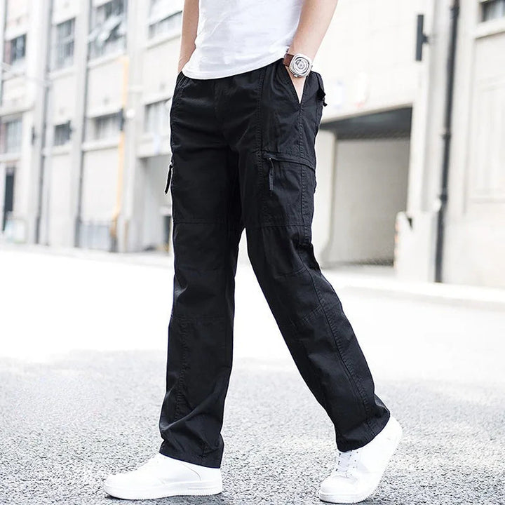 Practical men's stretch cargo pants, offering relaxed fit and utility for everyday comfort and activity.