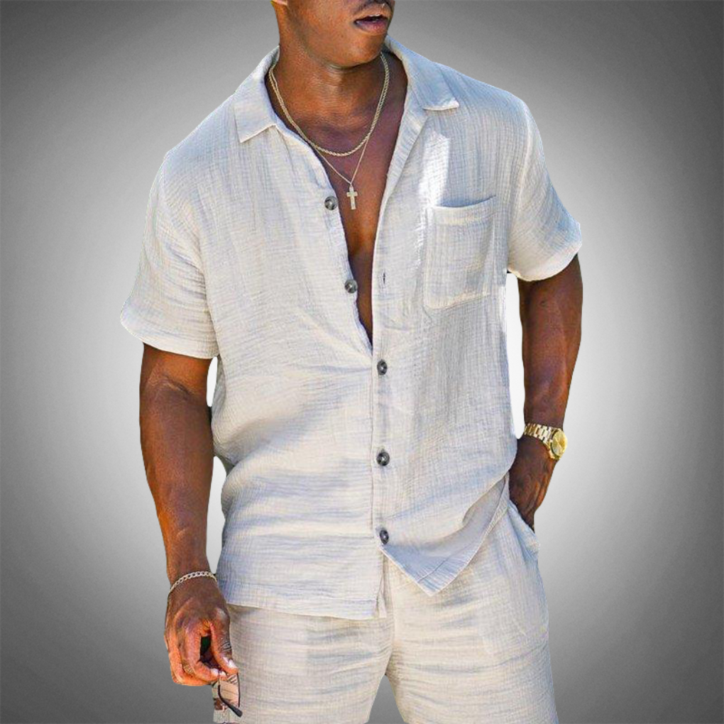 Men's comfortable two-piece knitted summer set in relaxed fit. Breathable polyester blend, perfect for casual wear & vacation.
