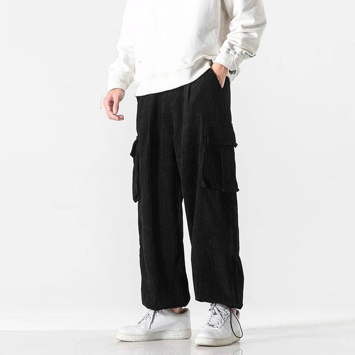 Detail shot of the corduroy fabric on men's wide-leg casual pants, suitable for winter