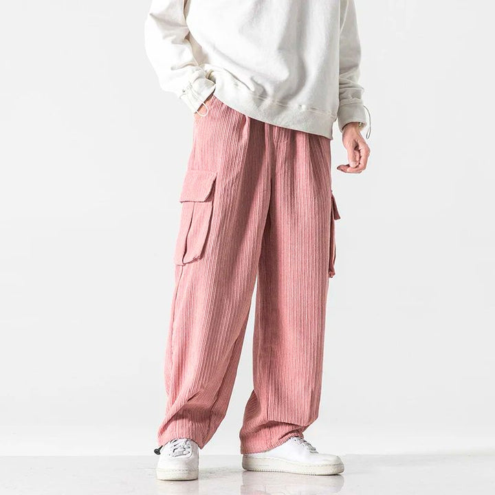 Men's fall fashion corduroy wide-leg trousers, emphasizing comfort and relaxed style