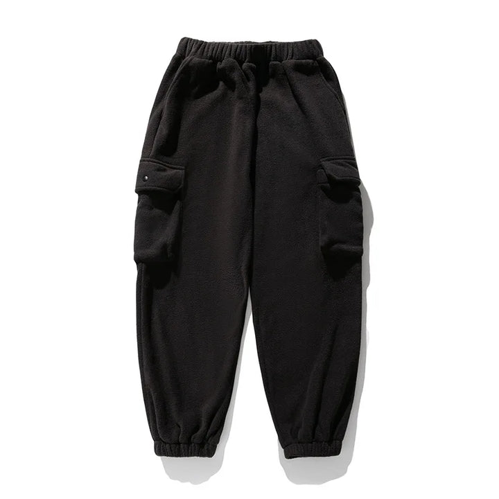 Warm men's fleece cargo pants in an olive green, featuring a tapered fit and utility pockets for casual wear.