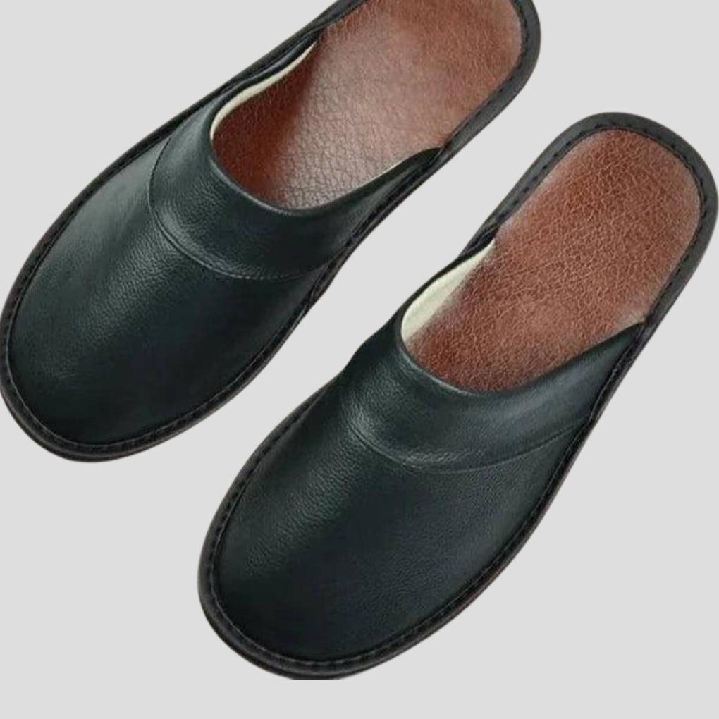 Classic style men's slip-on indoor loafers, perfect as casual home shoes or pajama slippers.