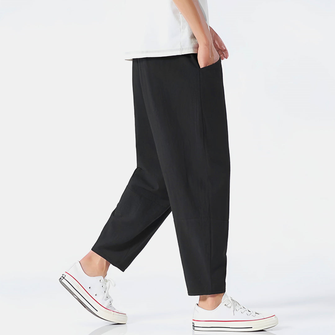 Modern men's cropped length drawstring pants, ideal for stylish casual outfits.