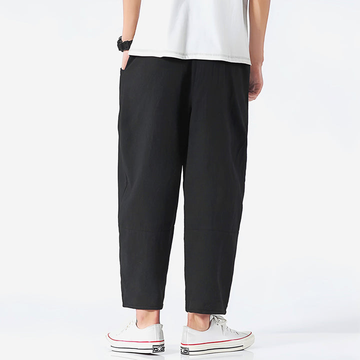 Men's cropped chino pants with adjustable drawstring waist, casual & cool.