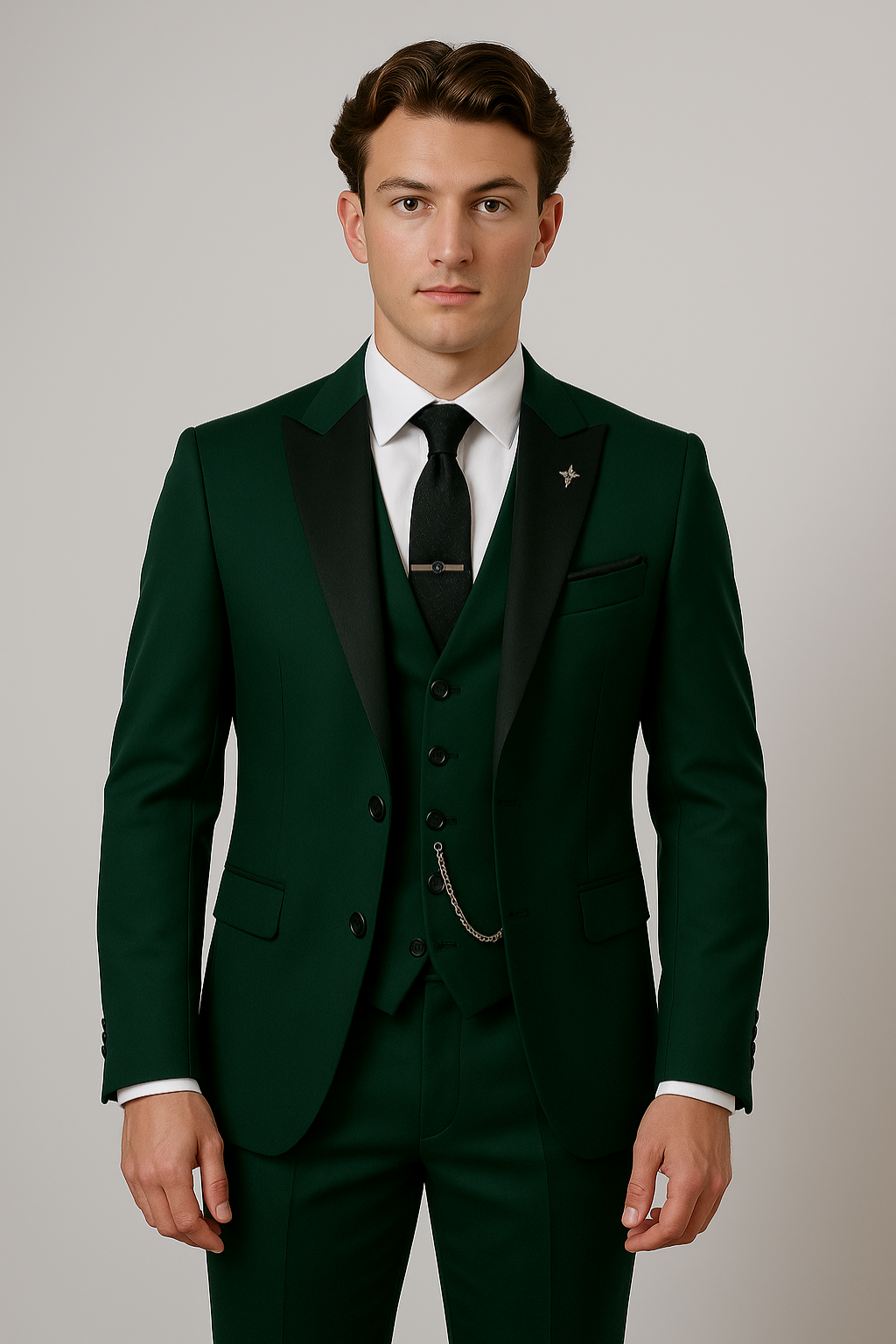 Men's dark green three-piece tailored suit with contrast lapel, ideal for weddings, business, and formal events.